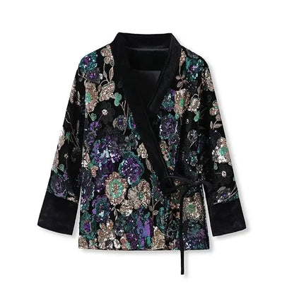 Chinese Style Tang Clothes Sequin Embroidery Hanfu Vintage Mandarin Collar Jacket Lady Elegant Tops Autumn Spring Outwear