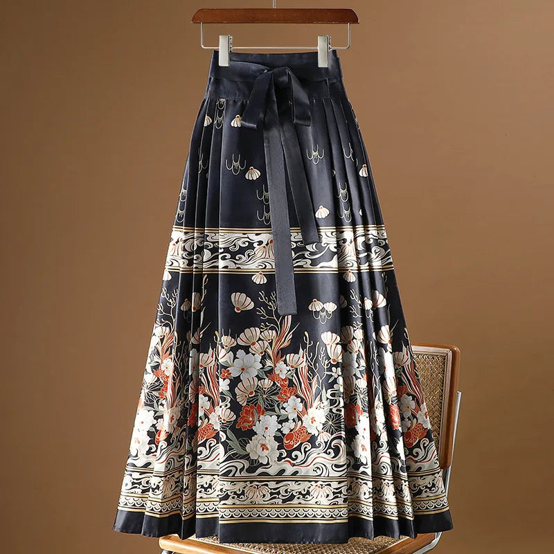 Vintage Maxi Chinese Style Horse Face Skirts for Women Saia One-piece Long Hanfu Pleated Skirt Woman Clothing Faldas Harajuku