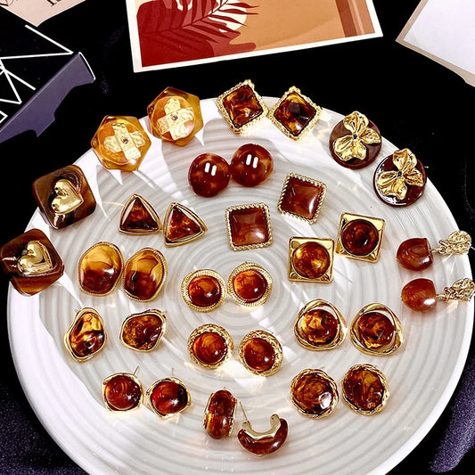 Vintage Fall & Winter Brown Earrings with Amber Resin Stone Crystal Caramel Color Women's Earrings Elegant Jewelry Maillard