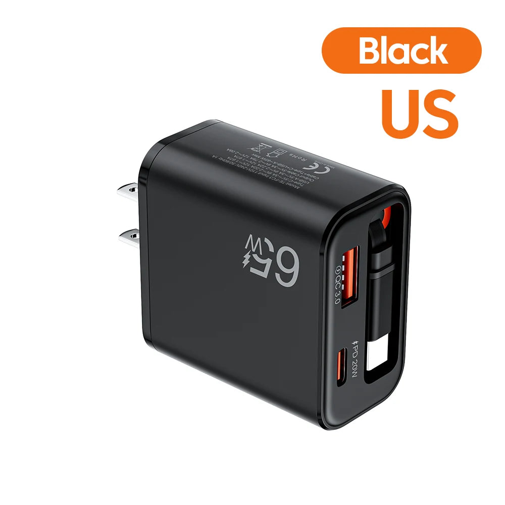 65W Super Fast Charge Type C USB Phone Charger With Retractable USB C Cable For Iphone 17 16 15 Samsung POCO Xiaomi