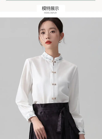 Chinese Style Standing Collar Long Sleeved Shirt for Early Spring Style with Embroidered Chinese Style Women's Clothing Inside