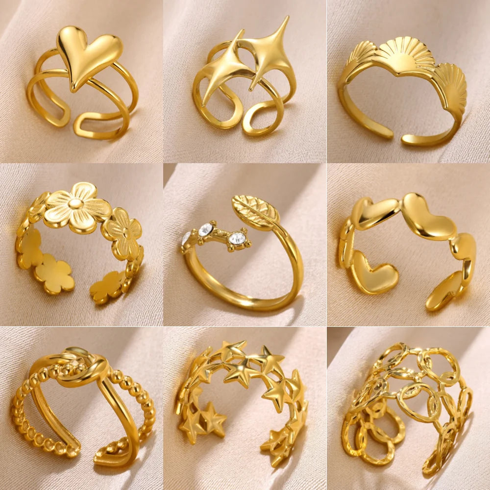 Stainless Steel Flower Open Rings For Women Trend Wedding Heart Jewelry Gold Color Geometric Hollow Ring Daily Accessories Gift