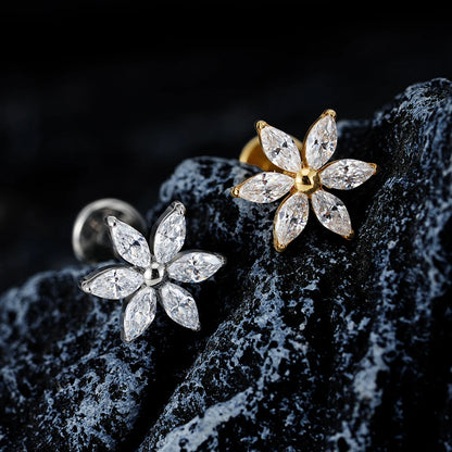 Right Grand ASTM F136 Titanium 16G Marquise Flower CZ Labret Stud Helix Conch Cartilage Tragus Flat Back Piercing Body jewelry
