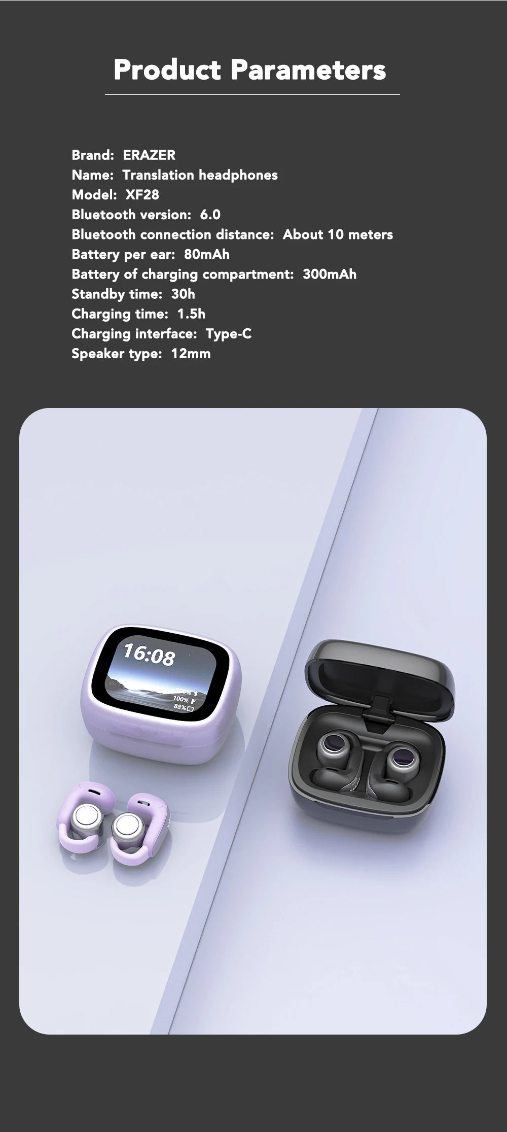 Translator ERAZER XF28 Bluetooth V6.0 Open-ear True Wireless EarbudsTranslation Earphones Office Travel,ASMR Headset APP