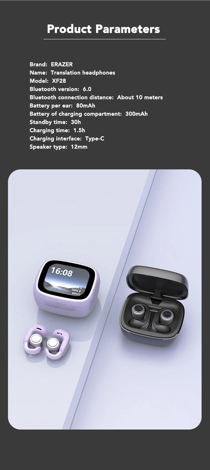 Translator ERAZER XF28 Bluetooth V6.0 Open-ear True Wireless EarbudsTranslation Earphones Office Travel,ASMR Headset APP