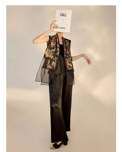 Oriental Vintage Tang Suit Women Vest Black Jacquard Heavy Phoenix Embroidery Organza Splicing Side Tie Sleeveless Waistcoat