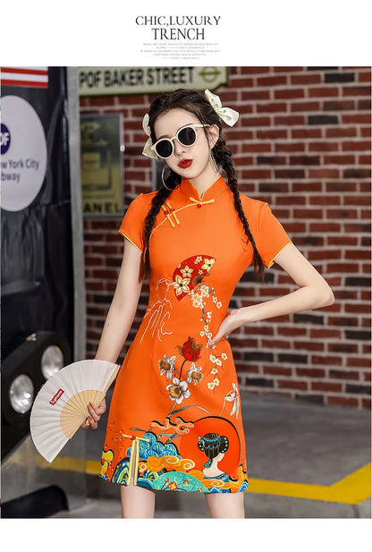 Y2K High Street New Fashion Cheongsams Women Improved Qipao Personality Printed Chinese Dress ципао 치파오 Robe Soirée Femme Luxe