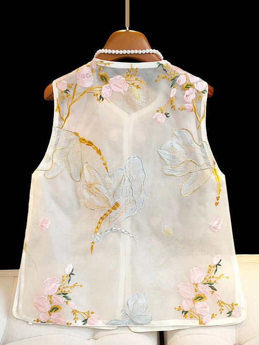 Embroidered Vest Women Chinese Style Vintage Vest Sleeveless Retro Buckle Tops Female Summer New Fashion