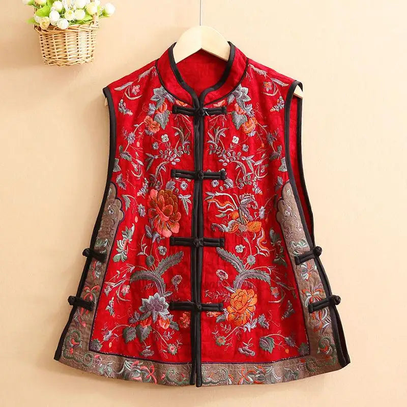 2026 chinese vintage vest national flower embroidery cotton linen folk vest traditional hanfu tops ethnic stand collar vest
