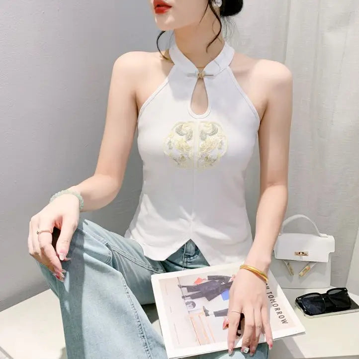 Chinese Style Embroidered Halterneck Vest Ladies Sleeveless Summer Wear Off-the-shoulder Small Suspender Chinese Slim Tank Top