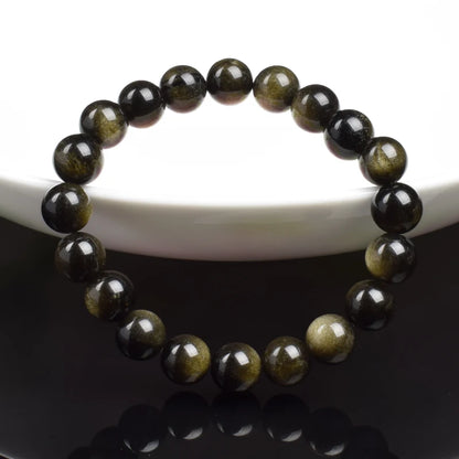 Natural Golden Obsidian Stone Beads Bracelet Men Women Golden Light Rainbow Obsidian Raw Stone Round Bead Natural Energy Jewelry