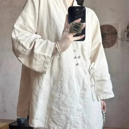 Chinese Style Diagonal Closure Zen Womens Tops Fashion Cotton Linen Asymmetrical Placket Blouse Women Loose Fit Clothes