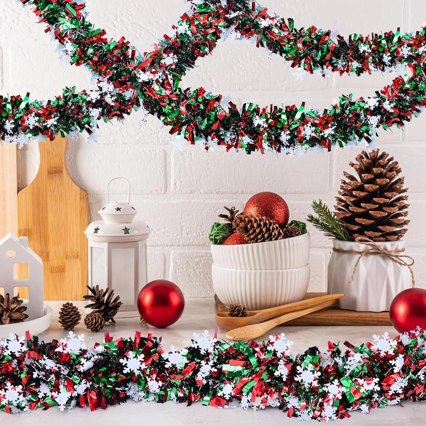 2M Christmas Snowflake Tinsel Garland Xmas Tree Decoration Christmas Metallic Twist Garland Ceiling Hanging New Year Party Decor