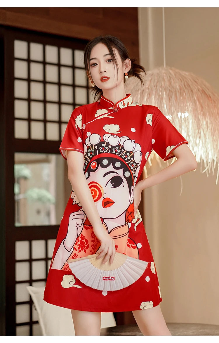 Chinese Traditional National Style Fashion Cartoon Printing Qipao Dress Summer Short Sleeve Elegant Modern Improved Cheongsam