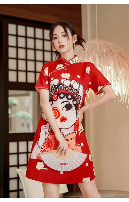 Chinese Traditional National Style Fashion Cartoon Printing Qipao Dress Summer Short Sleeve Elegant Modern Improved Cheongsam