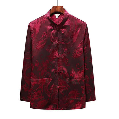 Chinese-style Men Short-sleeved Shirt, Summer Stand-up Collar Single-breasted Shirts, Decorated with Chinese Dragon Patterns.