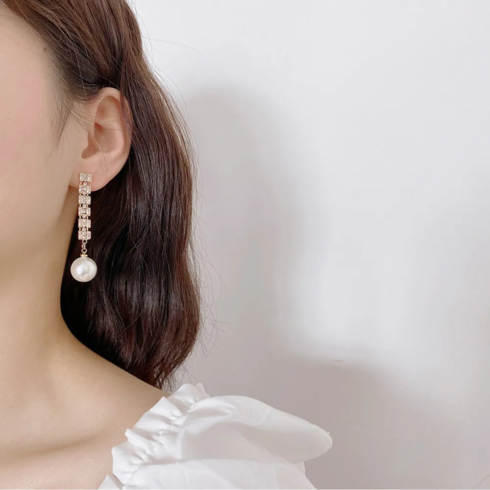 New Trend Simulation Pearl Long Earrings Women's Flower Rhinestone Wedding Pendant Earrings Fashion Korean Jewelry Earrings
