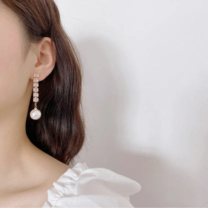 New Trend Simulation Pearl Long Earrings Women's Flower Rhinestone Wedding Pendant Earrings Fashion Korean Jewelry Earrings