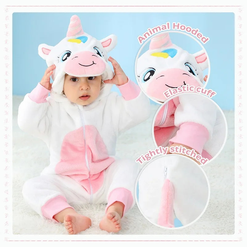 MICHLEY Carniva Baby Rompers Winter Clothes Flannel Hooded Bodysuits Pajamas Animals Overall Jumpsuit For Girls Boys Kids