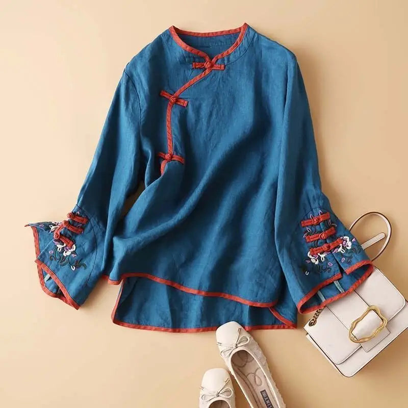 2023 Chinese Style Embroidery Blouse for Women  Summer O-neck Short Sleeve Cotton and  Linen traditional Tang suit Top