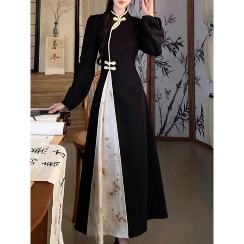 New Chinese National Style New Year Battle Robe Button Modified Qipao Long Dress Women Temperament Splicing Dark Pattern Dresses