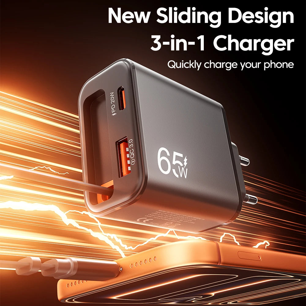 65W Super Fast Charge Type C USB Phone Charger With Retractable USB C Cable For Iphone 17 16 15 Samsung POCO Xiaomi