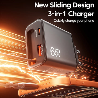 65W Super Fast Charge Type C USB Phone Charger With Retractable USB C Cable For Iphone 17 16 15 Samsung POCO Xiaomi