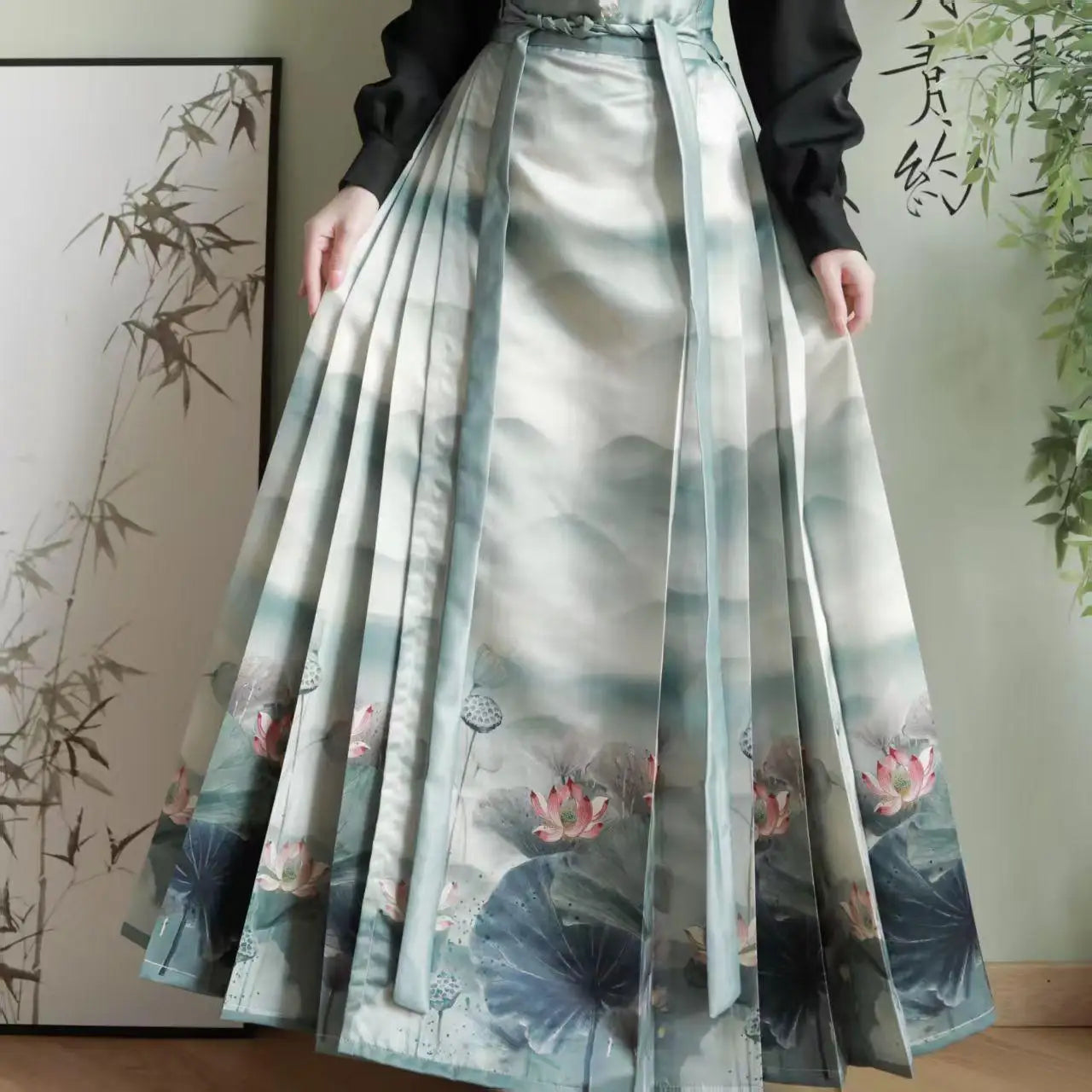 Vintage Women Chinese Traditional Hanfu Cardigan Shirt + Blue Pleated Mamian Skirt Chinese Hot Hanfu Shirt Horse Face Skirt Set