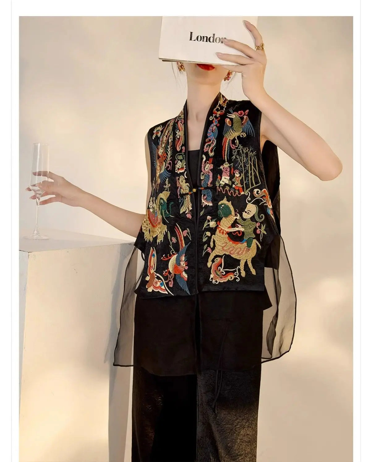 Oriental Vintage Tang Suit Women Vest Black Jacquard Heavy Phoenix Embroidery Organza Splicing Side Tie Sleeveless Waistcoat