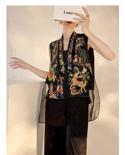 Oriental Vintage Tang Suit Women Vest Black Jacquard Heavy Phoenix Embroidery Organza Splicing Side Tie Sleeveless Waistcoat