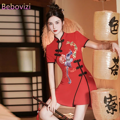 Two Piece Summer Young Red Qipao Chinese Style Retro New Phoenix Embroidery Short Cheongsam New Year CNY