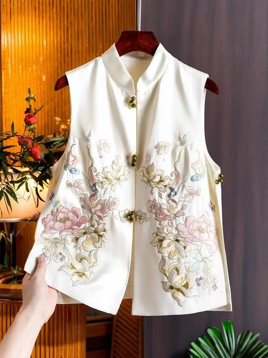 Embroidered Satin Silk Vest Women's Stand Neck Ethnic Style Embroidery Sleeveless Top Chinese National Top