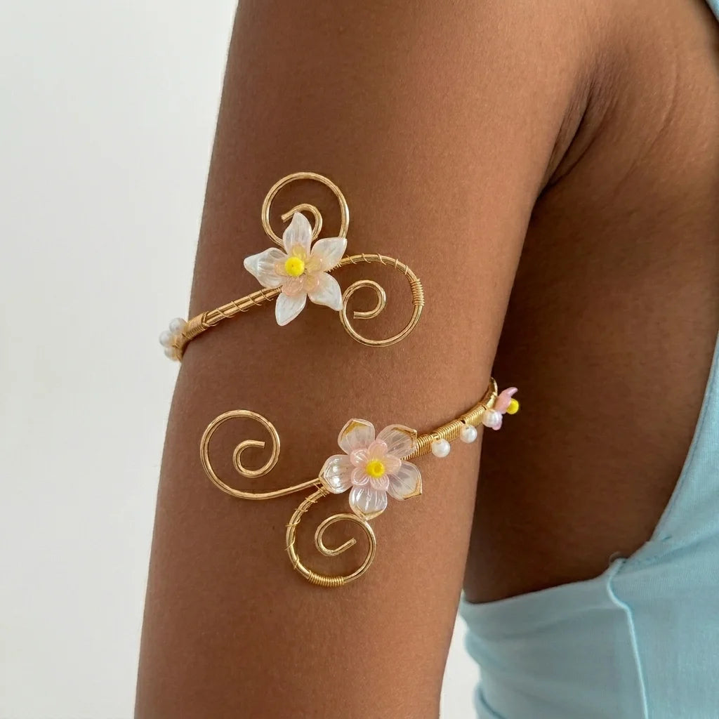 Elegant Gold Color Wire-Wrapped Upper Arm Cuff for Women Romantic Pink Iris Flower Armlet Bracelet Beach Party Charms Jewelry