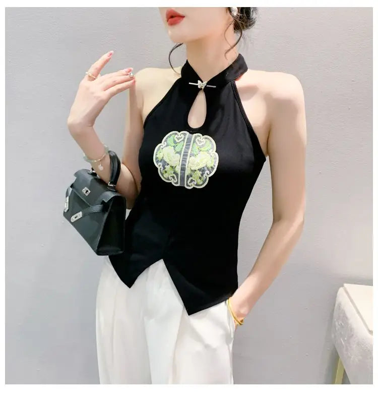 Chinese Style Embroidered Halterneck Vest Ladies Sleeveless Summer Wear Off-the-shoulder Small Suspender Chinese Slim Tank Top