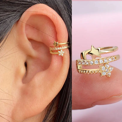 1Pc Fashion Geometry Crystal CZ  Leaf Clip Earring For Women Without Piercing Punk Vintage Star Ear Cuff Wrap Adjustable Jewelry