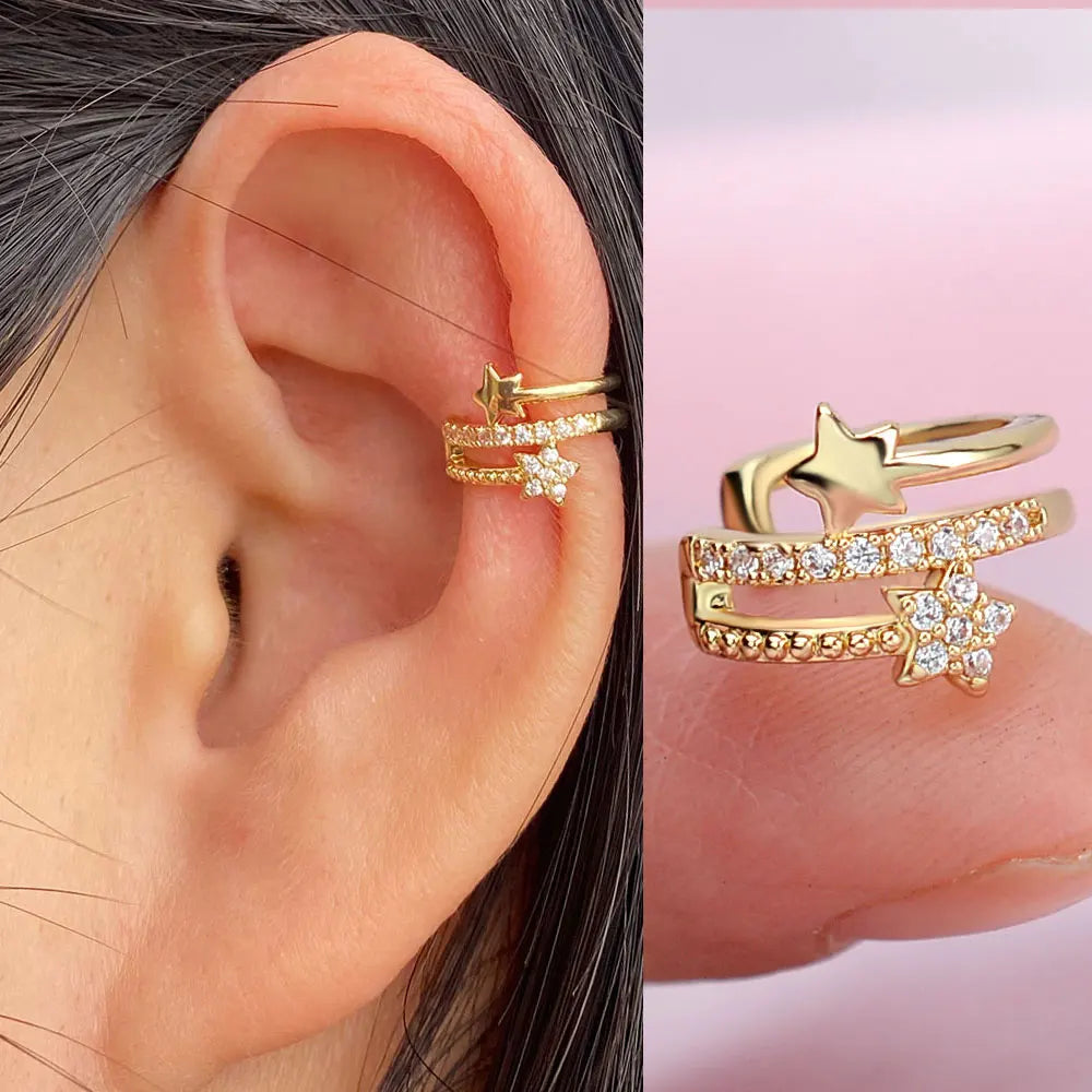 1Pc Fashion Geometry Crystal CZ  Leaf Clip Earring For Women Without Piercing Punk Vintage Star Ear Cuff Wrap Adjustable Jewelry
