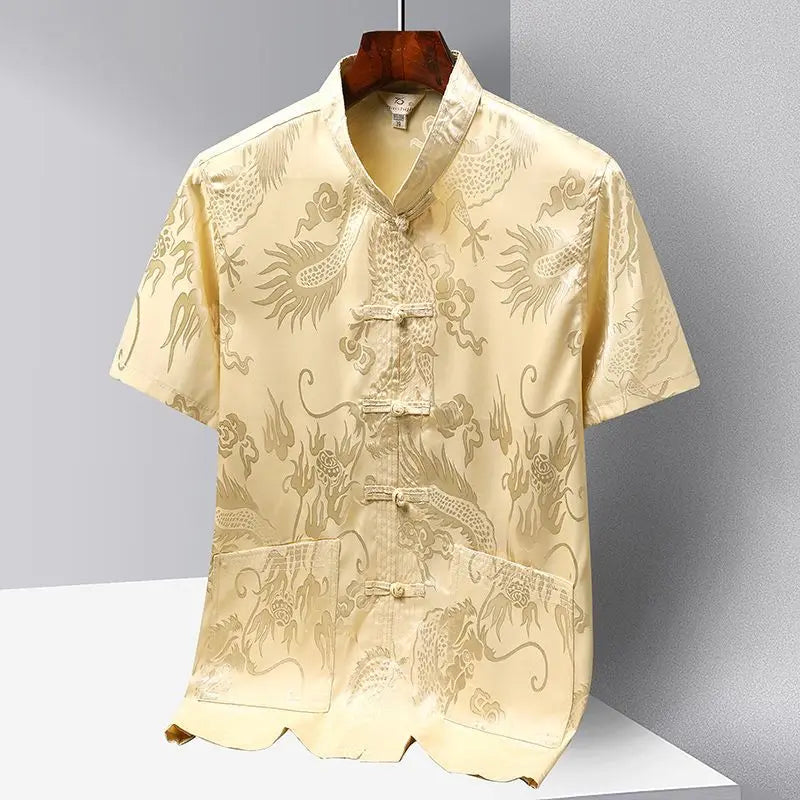 Chinese-style Men Short-sleeved Shirt, Summer Stand-up Collar Single-breasted Shirts, Decorated with Chinese Dragon Patterns.