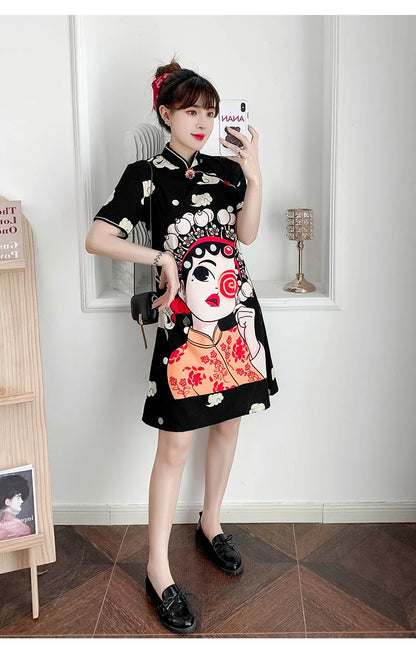 Chinese Traditional National Style Fashion Cartoon Printing Qipao Dress Summer Short Sleeve Elegant Modern Improved Cheongsam