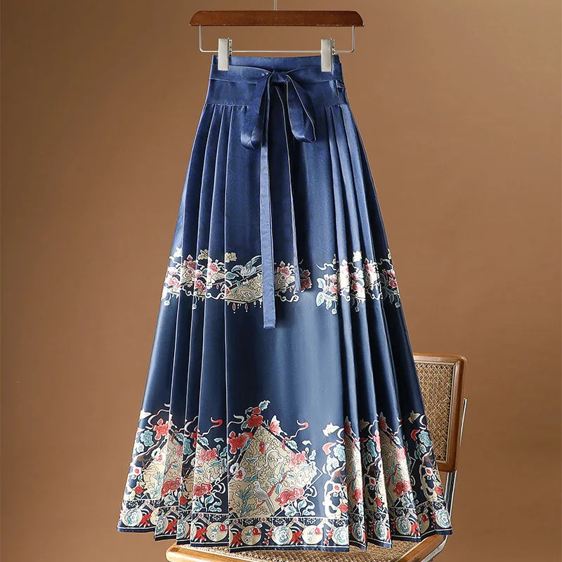 Vintage Maxi Chinese Style Horse Face Skirts for Women Saia One-piece Long Hanfu Pleated Skirt Woman Clothing Faldas Harajuku