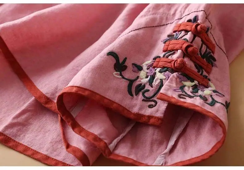 2023 Chinese Style Embroidery Blouse for Women  Summer O-neck Short Sleeve Cotton and  Linen traditional Tang suit Top