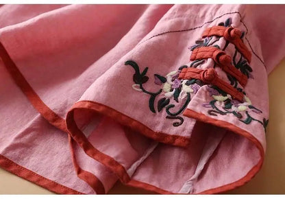 2023 Chinese Style Embroidery Blouse for Women  Summer O-neck Short Sleeve Cotton and  Linen traditional Tang suit Top