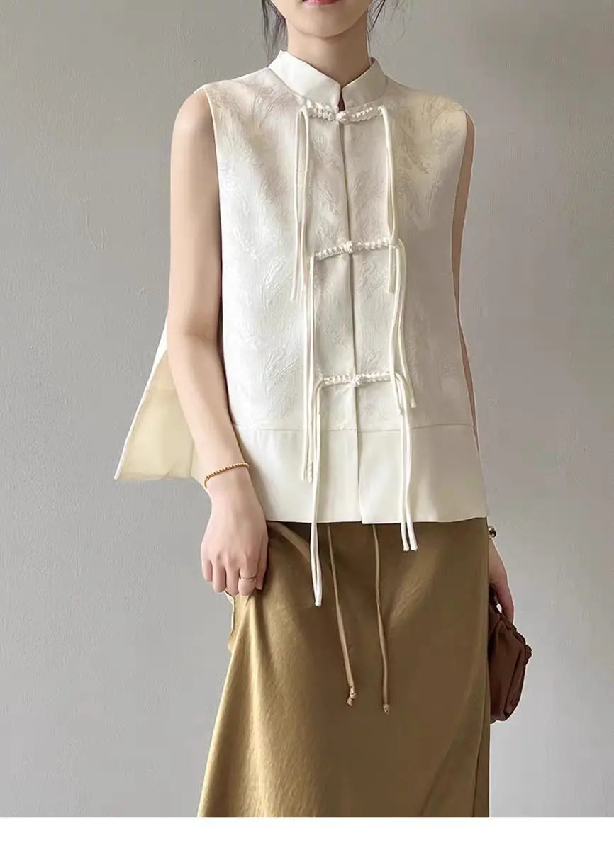 Chinese New Plate Button Vest Jacket 2025 Spring New Jacquard Stand Collar Sleeveless Waistcoat Retro Women Cheongsam Tops