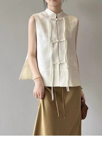 Chinese New Plate Button Vest Jacket 2025 Spring New Jacquard Stand Collar Sleeveless Waistcoat Retro Women Cheongsam Tops