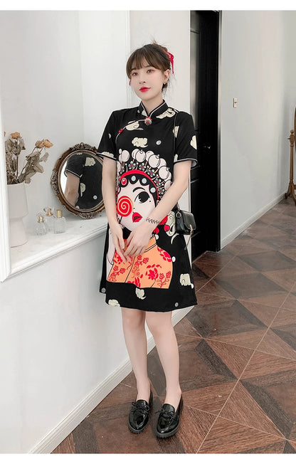 Chinese Traditional National Style Fashion Cartoon Printing Qipao Dress Summer Short Sleeve Elegant Modern Improved Cheongsam
