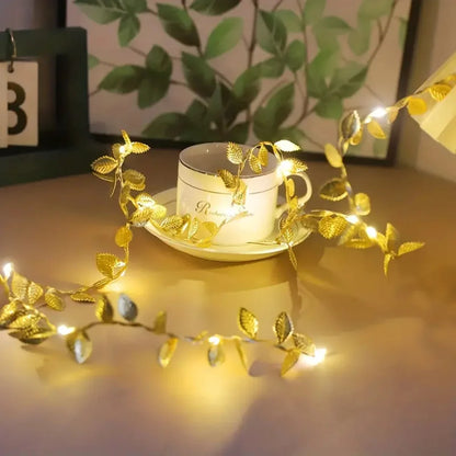 1PC 2M 20LED Golden Tiny Leaves Fairy Light Battery Powerd Led Copper Wire String Lights for Wedding Home Party DIY Xmas Decor