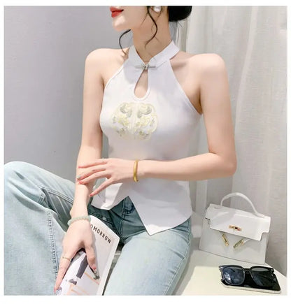 Chinese Style Embroidered Halterneck Vest Ladies Sleeveless Summer Wear Off-the-shoulder Small Suspender Chinese Slim Tank Top