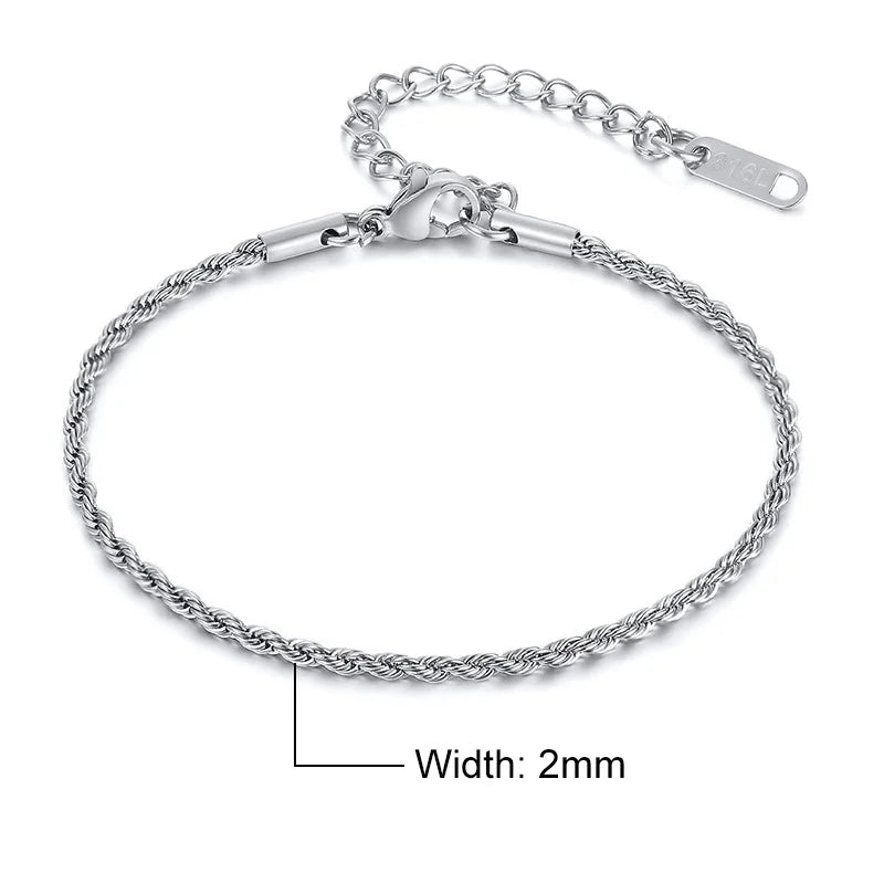 Unisex Rope Chain Bracelets for Men Women, Stainless Steel Twisted Links Chain Bracelet,Simple Classic Jewelry Gift for Him
