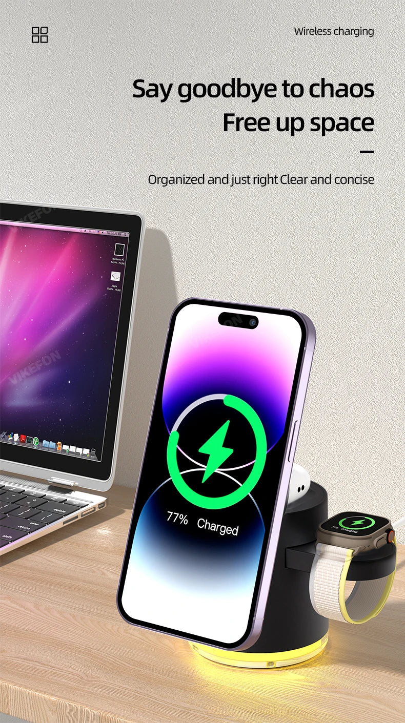 4 in 1 QI2 Wireless Charger Fast Charging Dock Stand Night Light For Magsafe iPhone 16 15 14 Pro Max Airpods Pro 2-8 Apple Watch