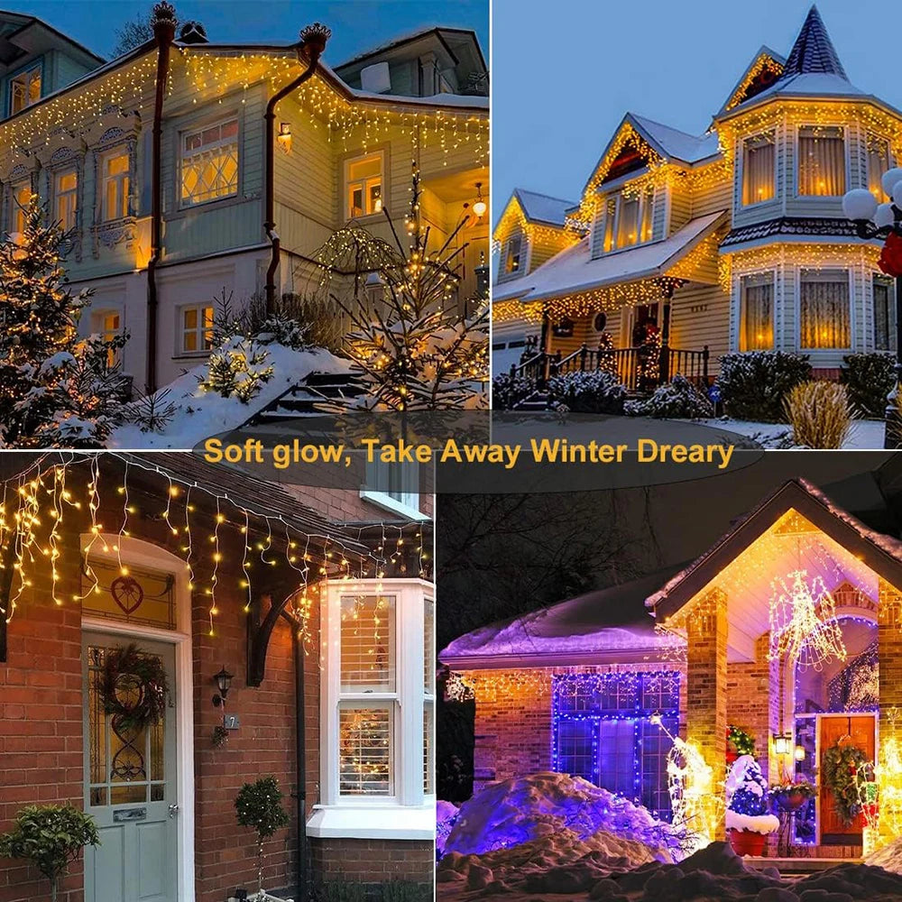 Solar Christmas Eaves Lights String Outdoor Waterproof Icicle Lights 8 Modes for Eaves Yard Party Indoor Holiday Decoration
