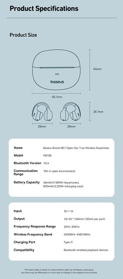 Baseus Bowie MC1 Ear Clip Wireless Earphones Bluetooth 5.4 Open-Ear Headphones Clip-On Sports Earbuds  IP57 Waterproof AI-Bass